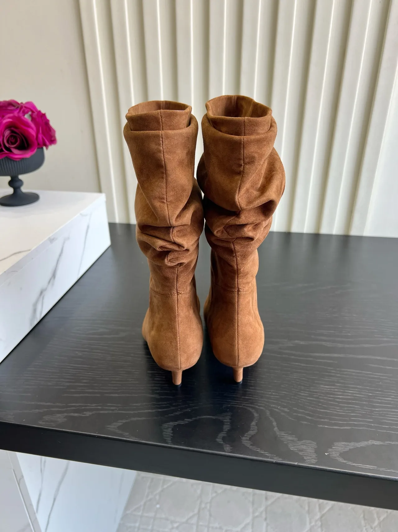 Amina Muaddi Cowhide Glossy Pointed-Toe Knee-High Boots in Tan · view 4
