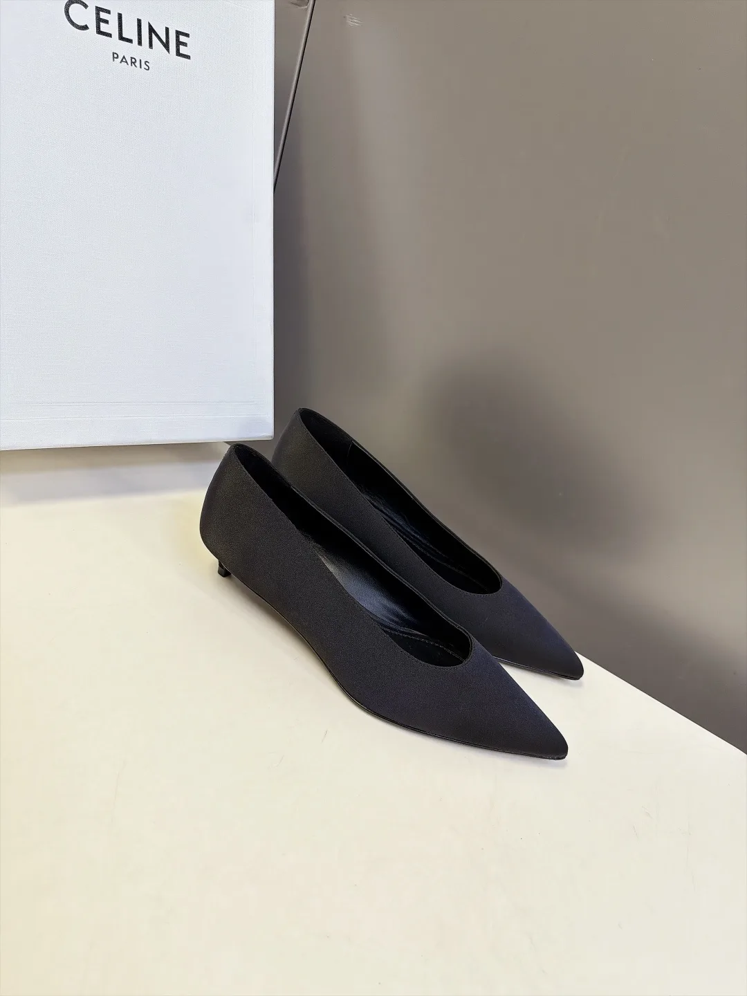 Celine Lambskin Matte Pointed-Toe Kitten Heel Pumps in Black · view 2