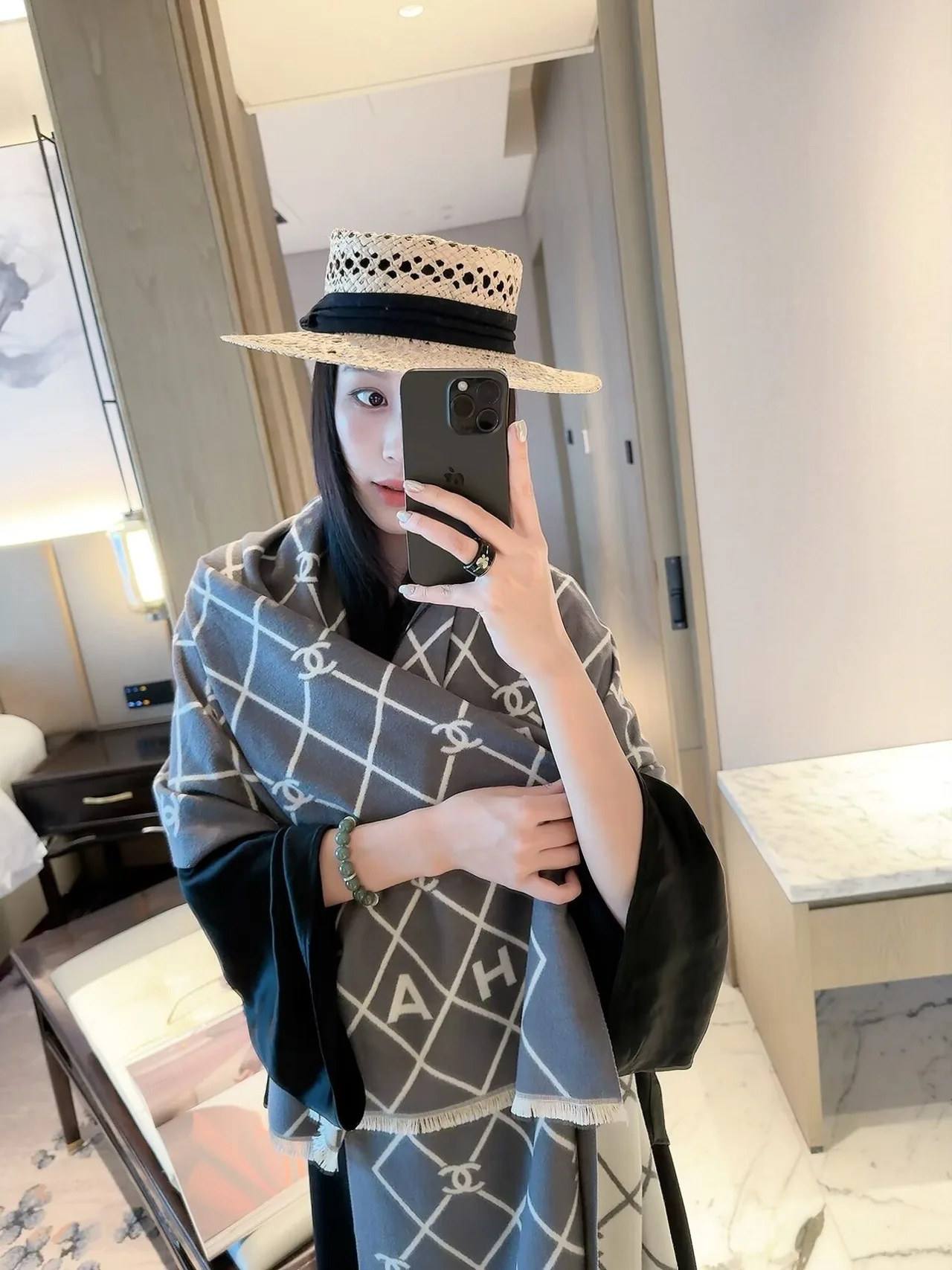 Chanel Diamond CC Shawl in Blue & Red & Grey · view 8