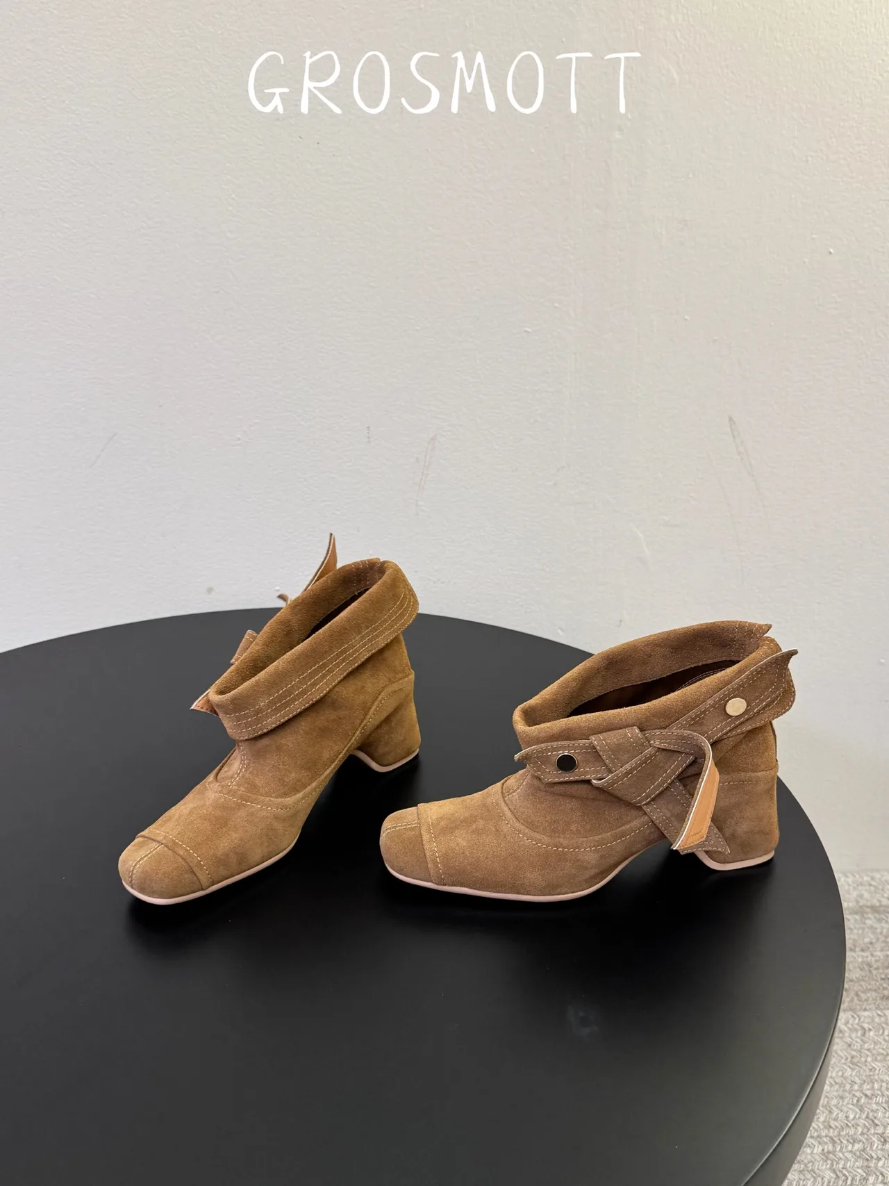 Sheepskin Suede-Look Square-Toe Buckle Ankle Boots in Brown · view 3