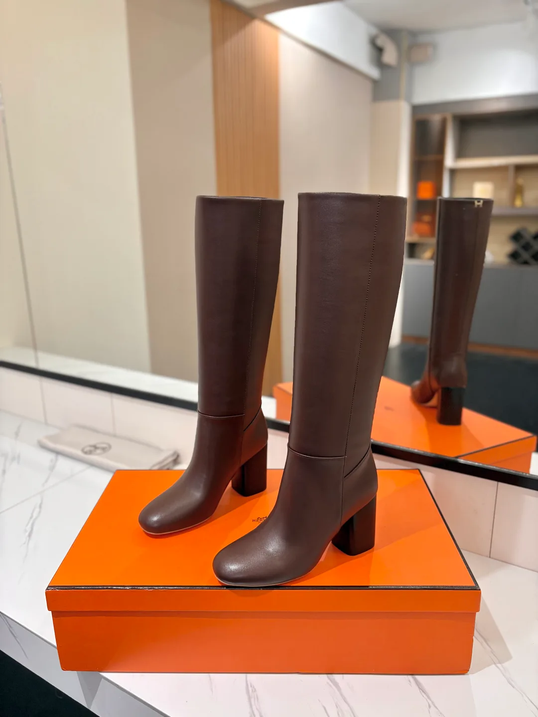 Hermes Cowhide Knee-High Boots in Brown · view 2