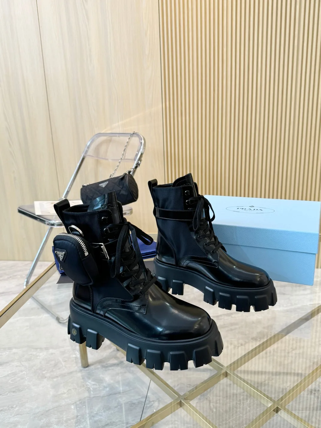 Prada Cowhide Glossy Lace-Up Ankle Boots in Black · view 1