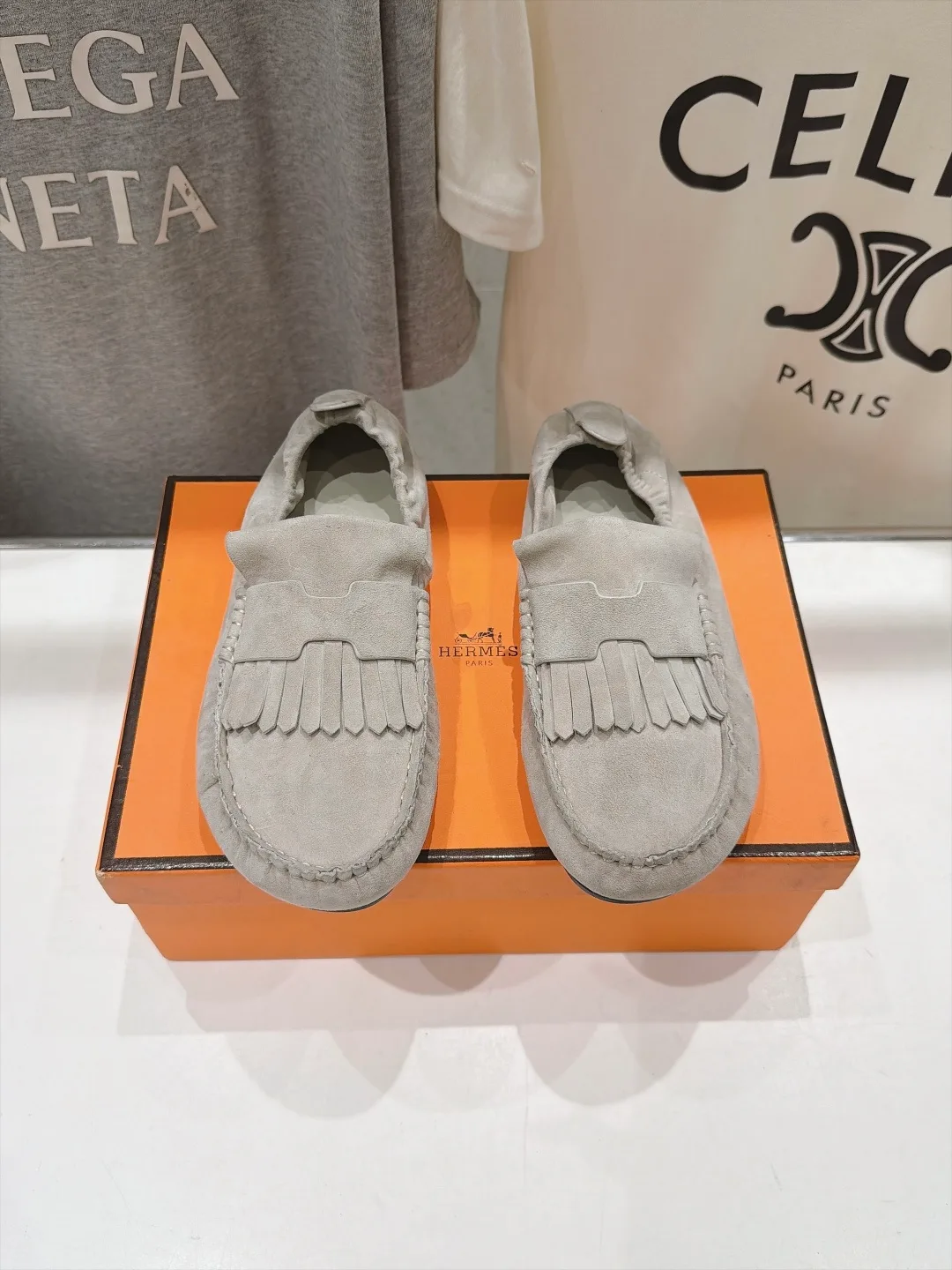 Hermes Suede-Look Round-Toe Loafers in Grey · view 1