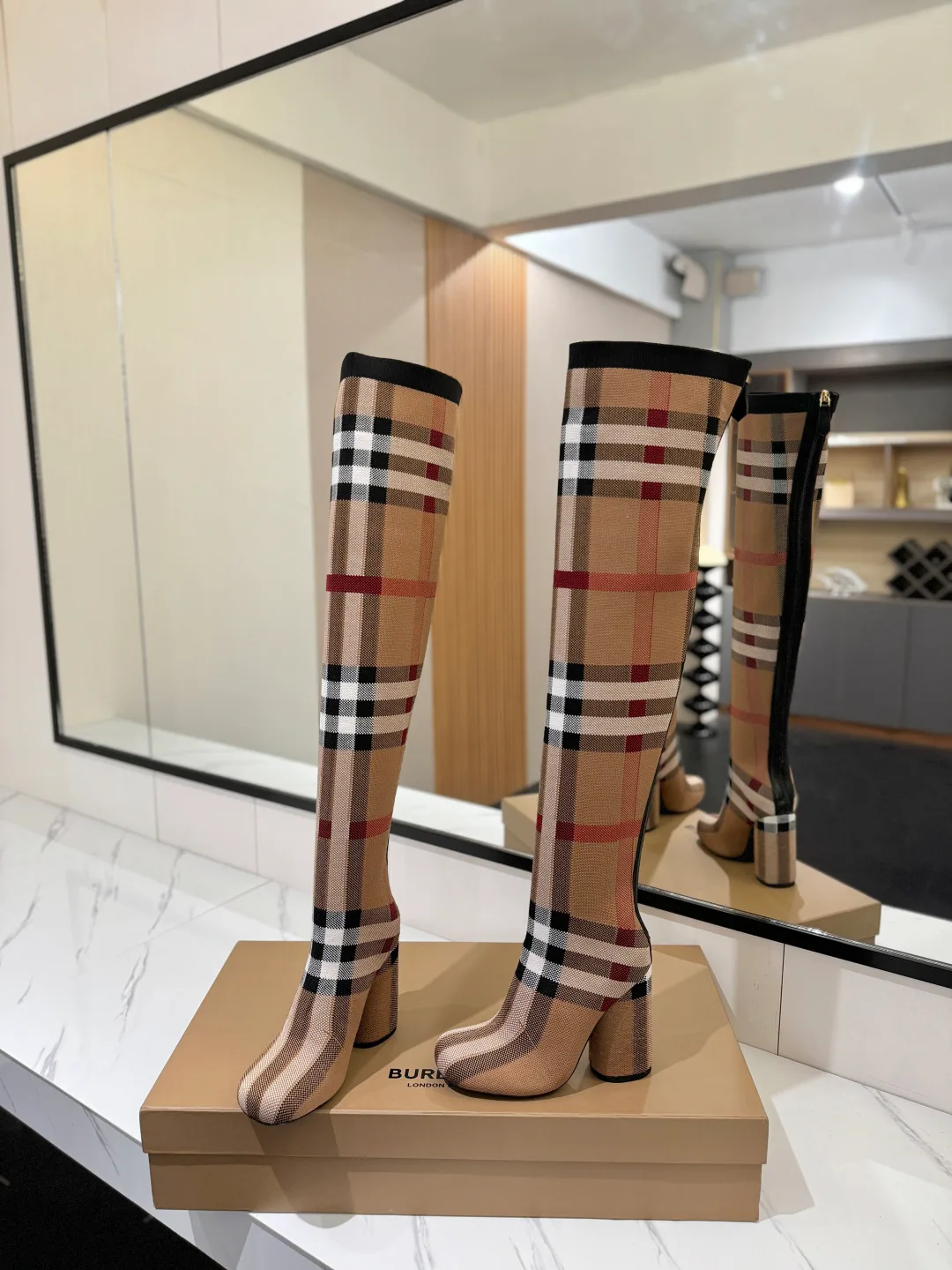 Burberry Check Knee-High Boots in Beige · view 5