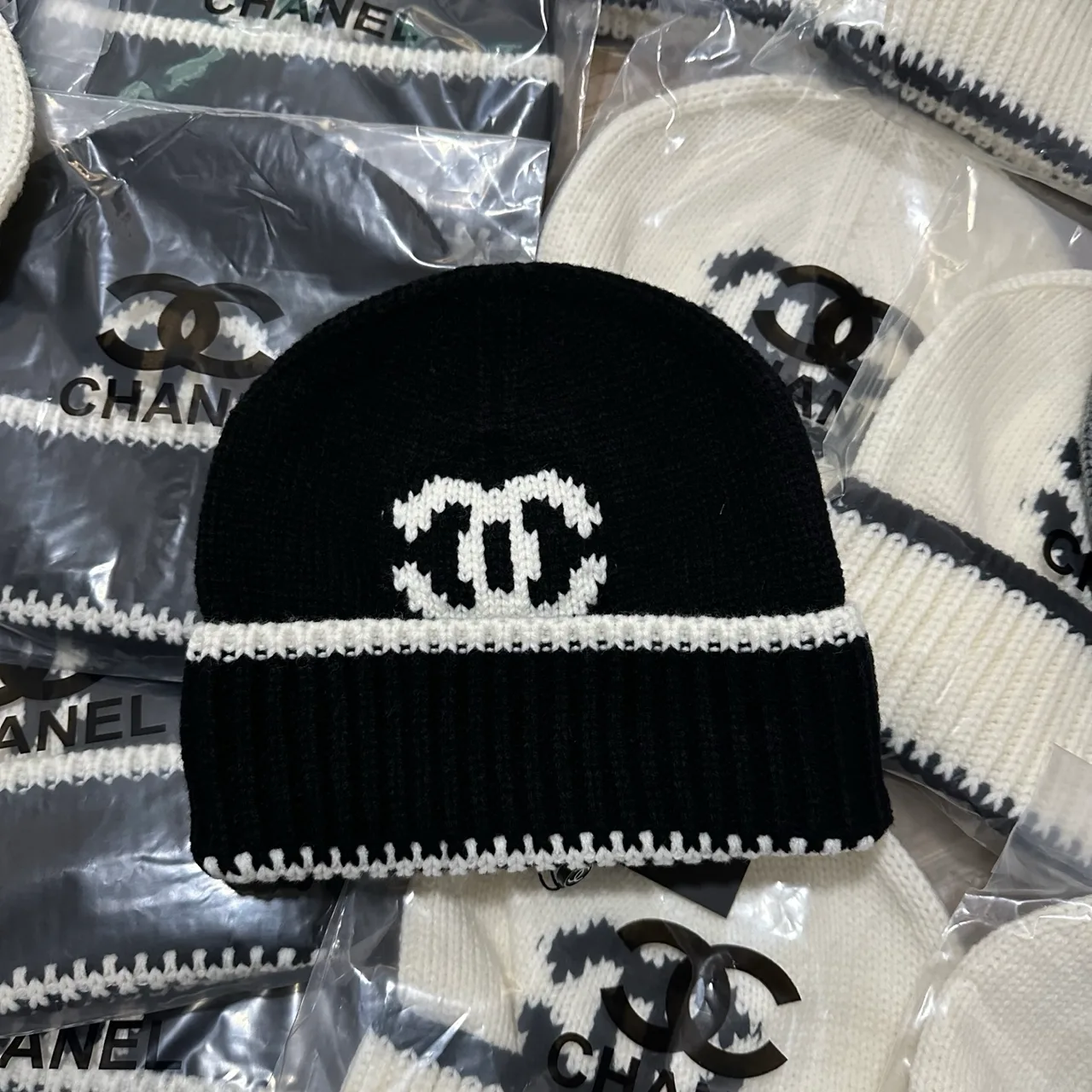 Chanel CC Stripe Beanie in White & Black & Grey · view 2