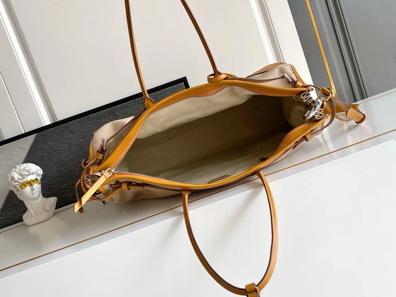 Prada Leather Belted Tote in Beige · view 8