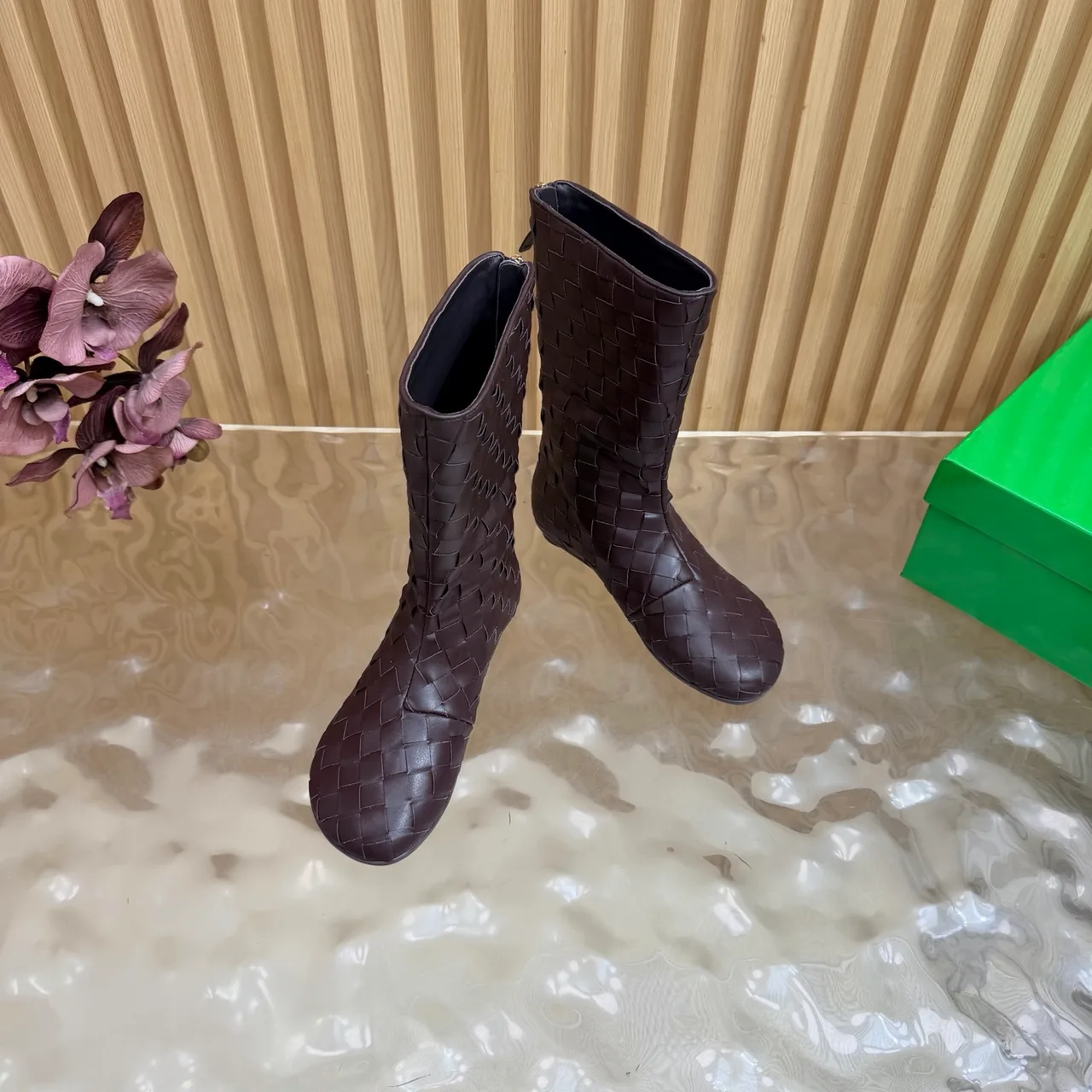Bottega Veneta Smooth Woven Mid-Calf Boots in Brown · view 6