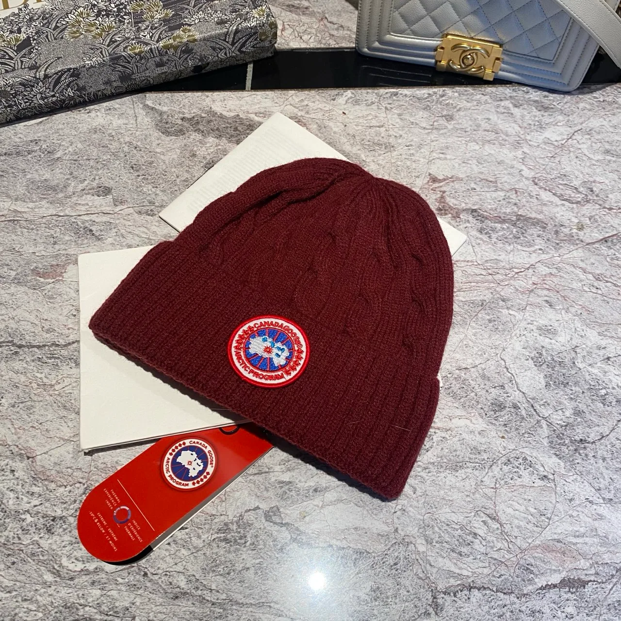 Canada Goose Cable knit beanie in Black & White & Grey & Brown & Blue & Burgundy & Cream & Pink · view 7