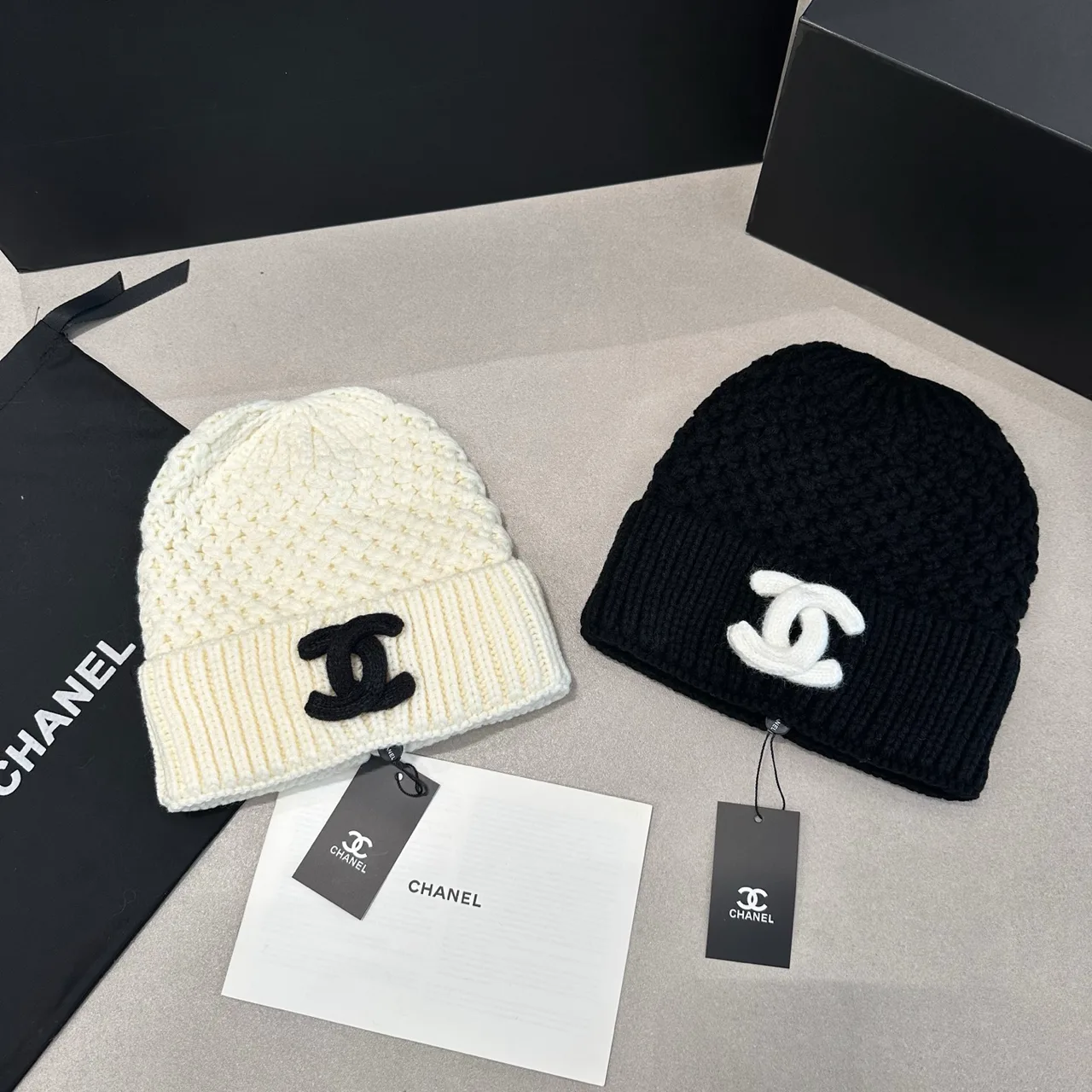 Chanel Knit Beanie in Cream & Black · view 4