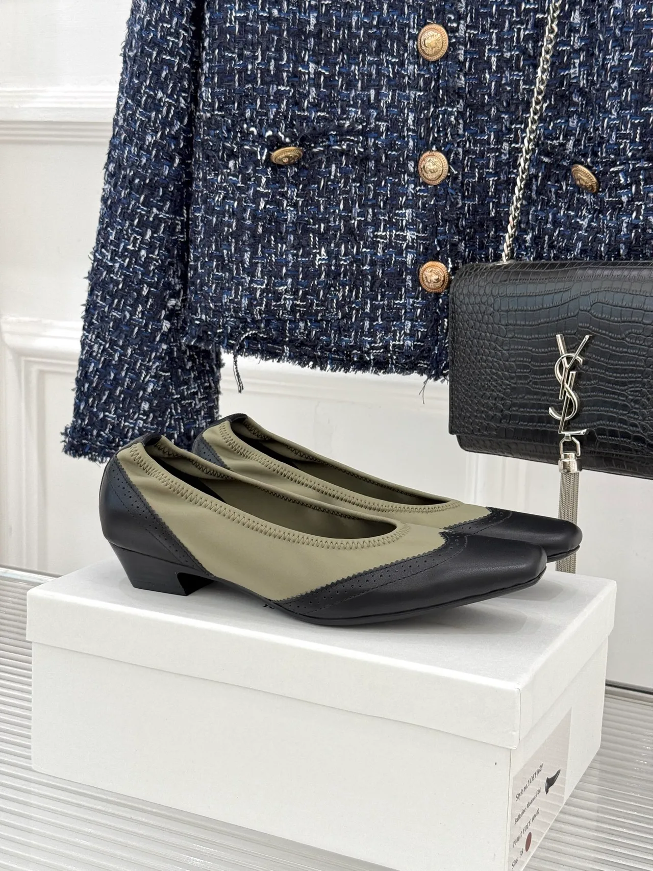 YOEYYOU Lambskin Denim Square-Toe Block-Heel Shoes in Black · view 1