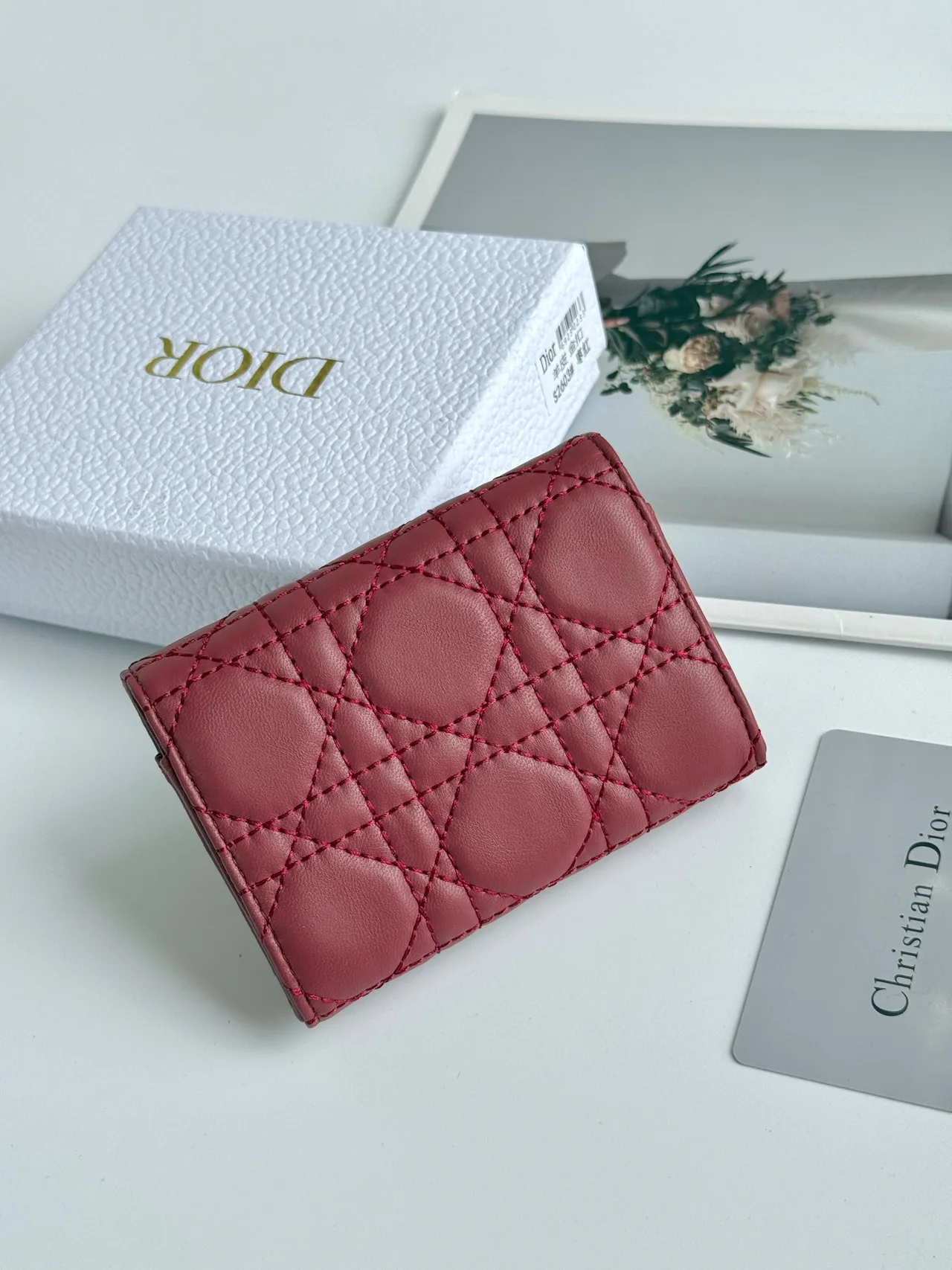 Dior Calfskin Smooth Quilted Wallet in Burgundy · view 2
