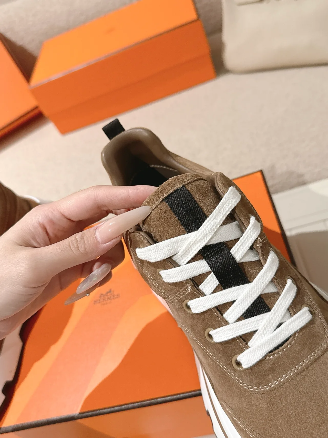 Hermes Calfskin Suede-Look Sneakers in Brown · view 8