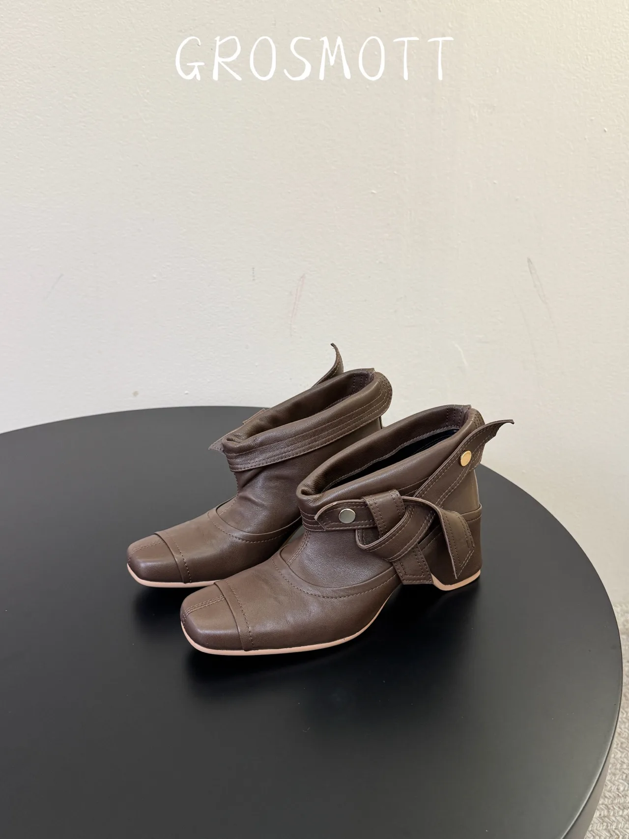 Sheepskin Smooth Pointed-Toe Buckle Ankle Boots in Brown · view 5