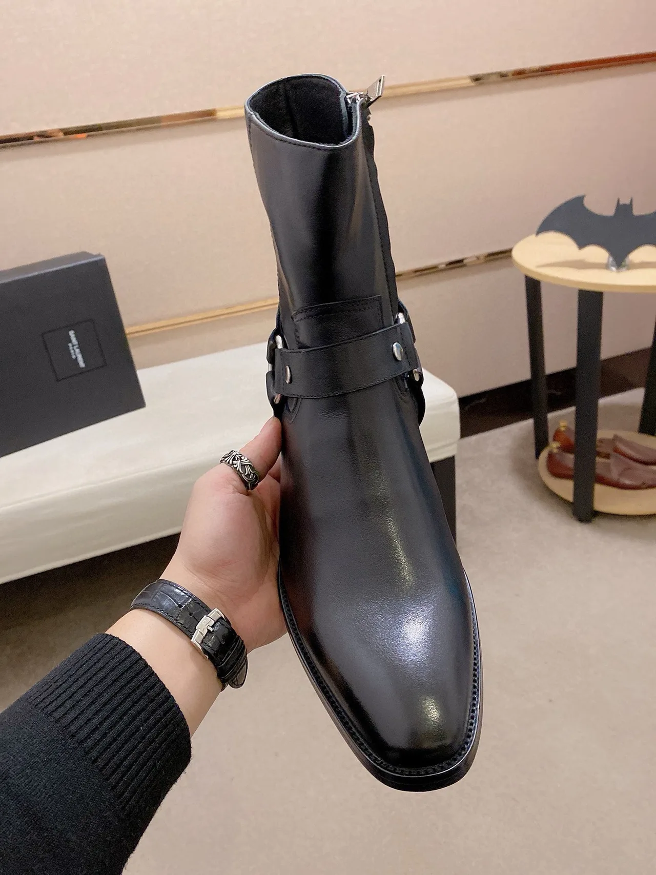 Saint Laurent Cowhide Glossy Pointed-Toe Boots in Black · view 2