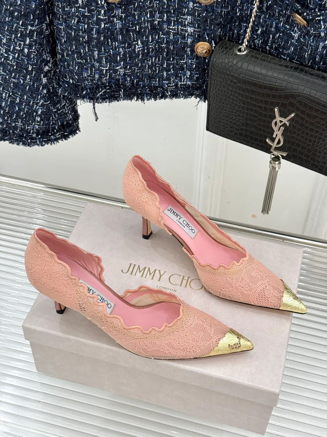 Jimmy Choo Pointed-Toe Lace Heel Pumps in Pink · view 4