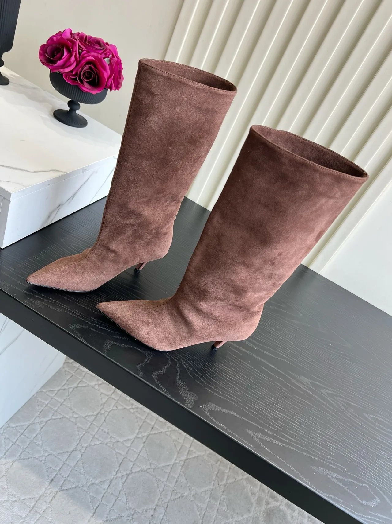 Amina Muaddi Cowhide Glossy Suede-Look Pointed-Toe Pointed Knee-High Boots in Pink · view 2