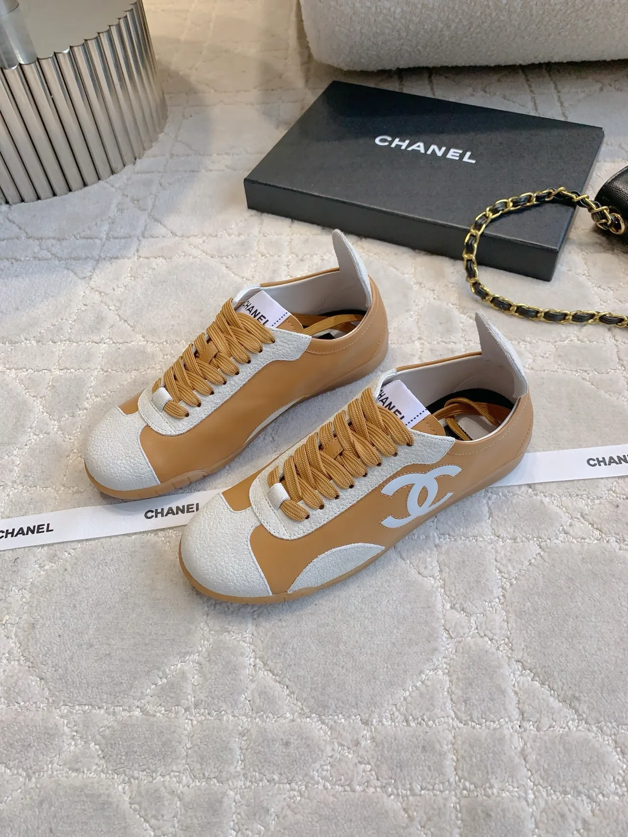 Chanel Calfskin Sneakers in Tan · view 3