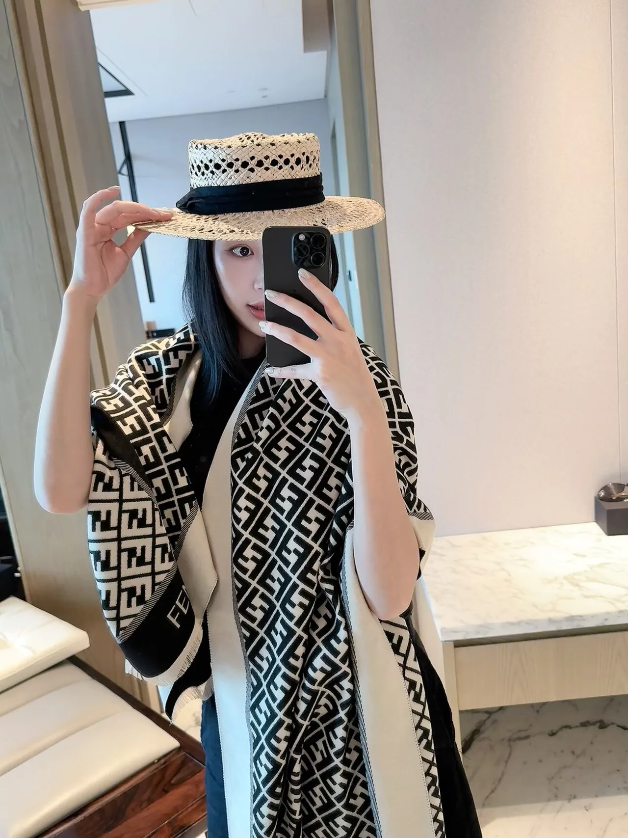 Fendi FF Jacquard Scarf in Blue & Black · view 5