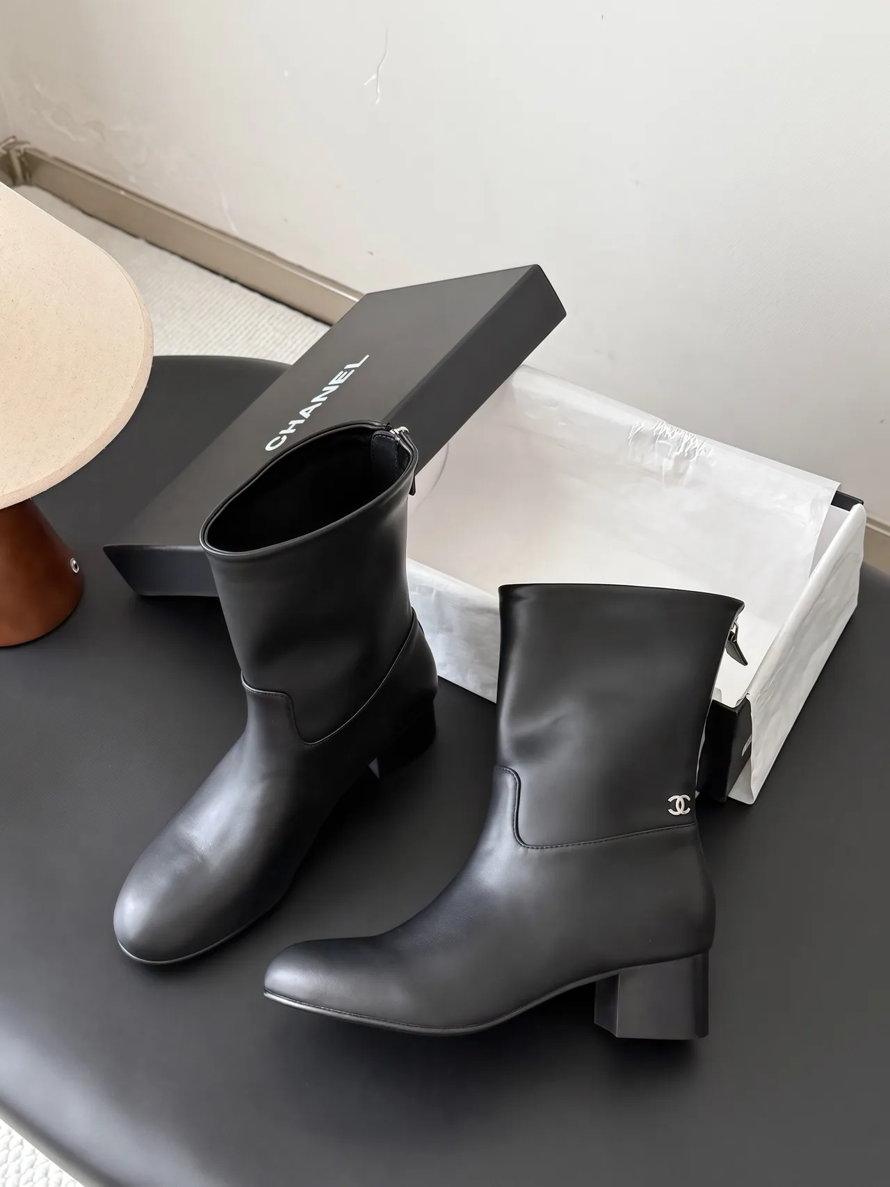 Chanel Sheepskin Glossy Round-Toe Boots in Black · view 3