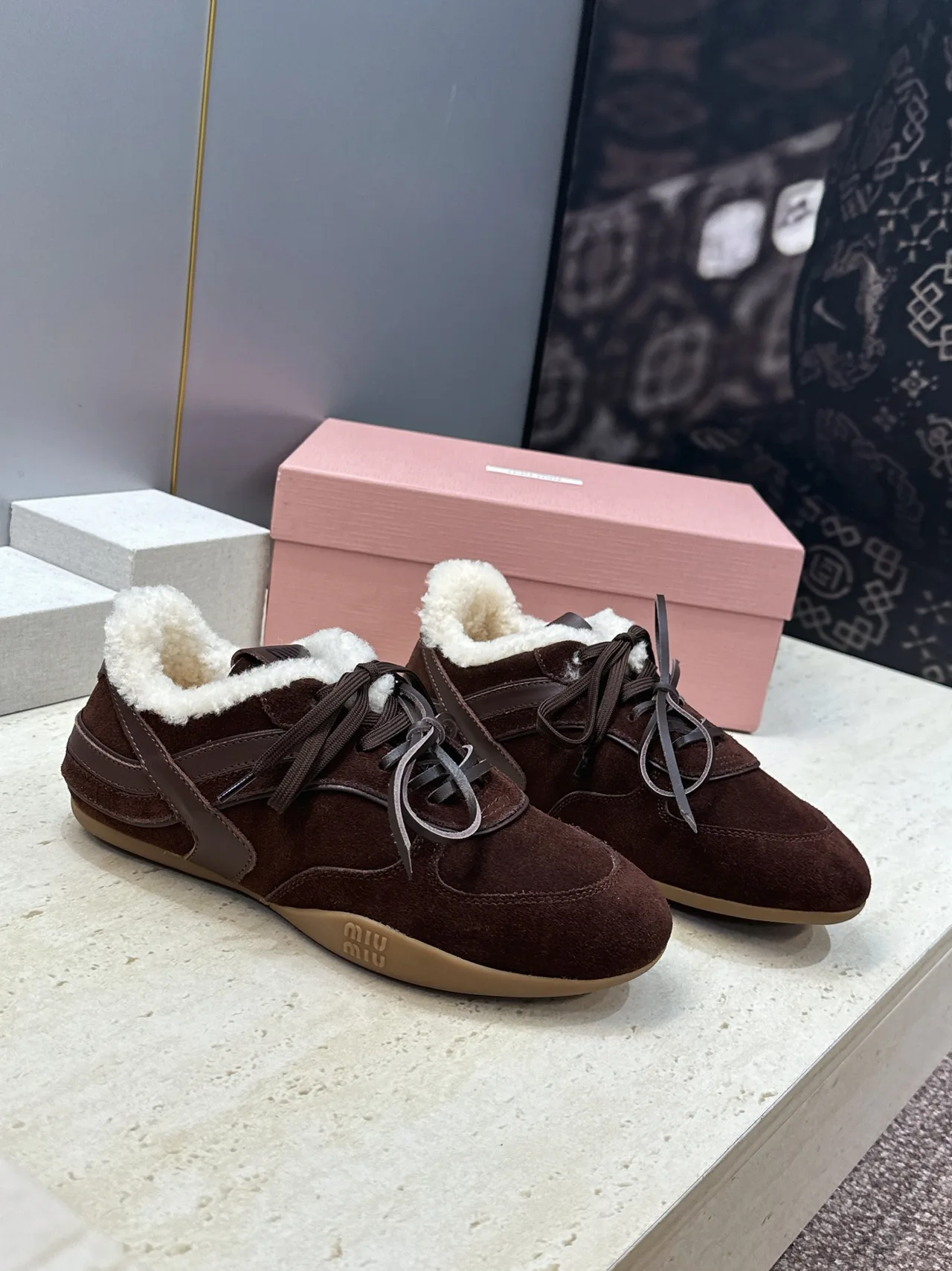 Miu Miu Suede-Look Round-Toe Sneakers in Brown · view 1