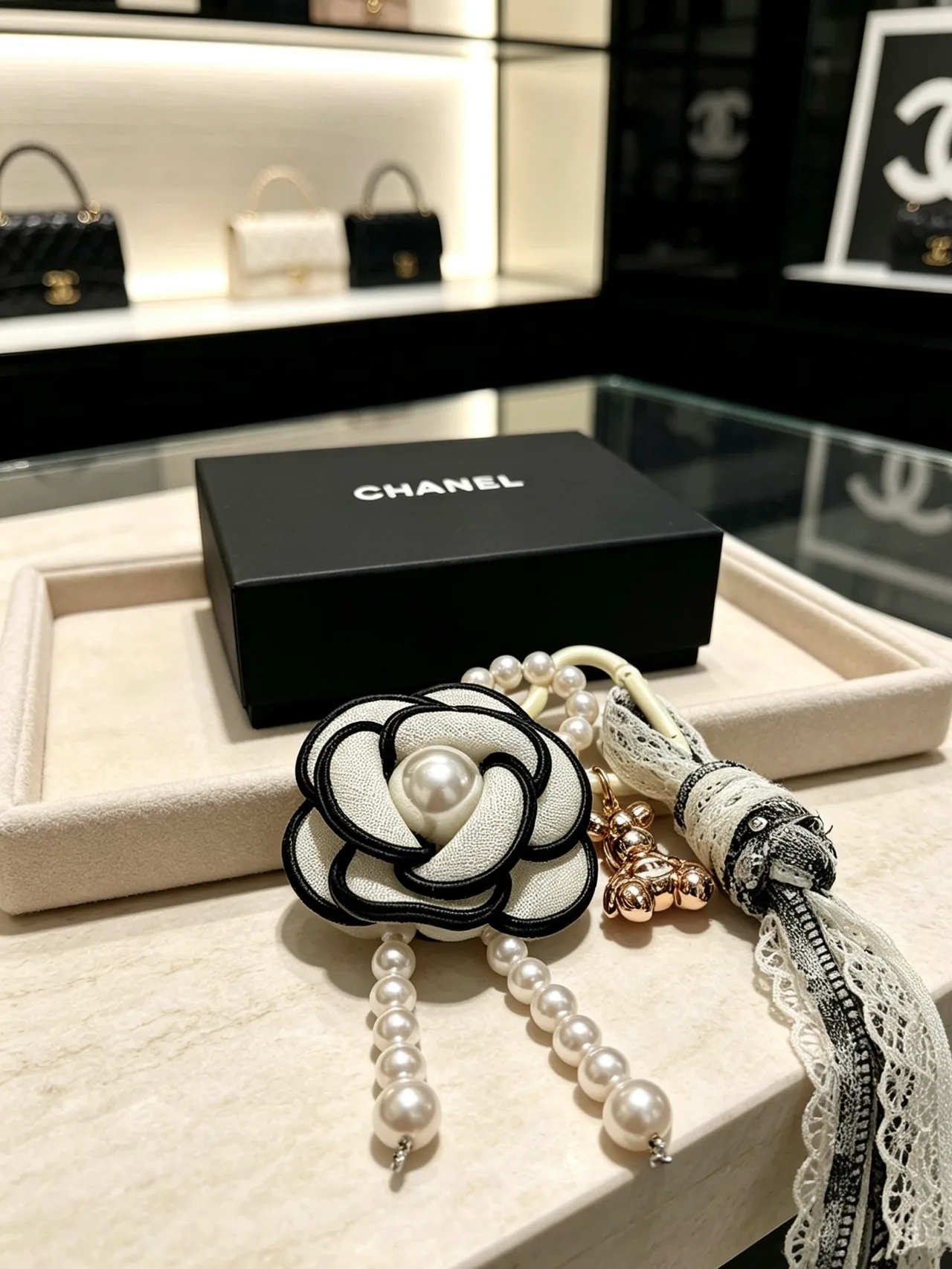 Chanel Glossy Camellia Key Charm in White · view 4