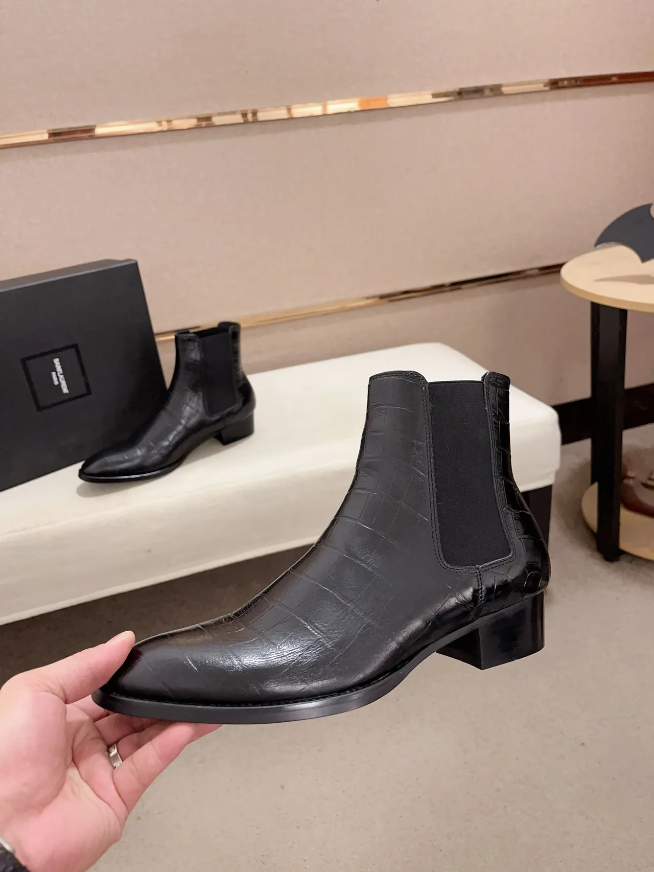 Saint Laurent Cowhide Glossy Pointed-Toe Ankle Boots in Black · view 2