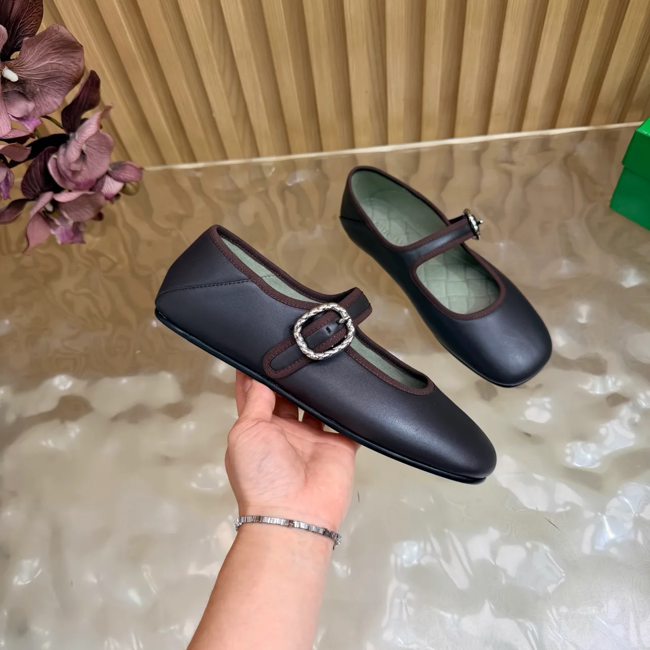 Bottega Veneta Sheepskin Quilted Buckle Mary Jane Flats in Brown · view 8