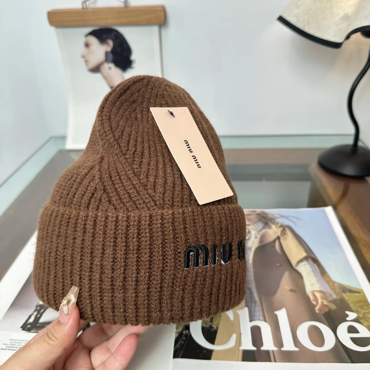 Miu Miu Logo knit beanie in Brown & Grey & Black & White & Beige · view 8