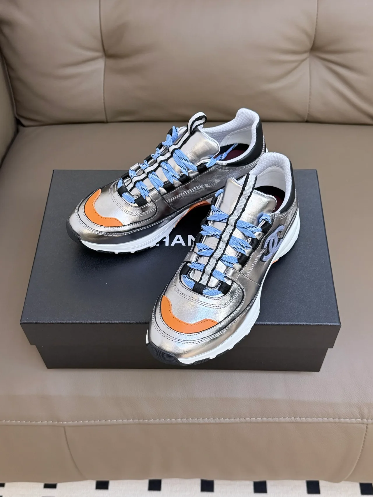 Chanel Cowhide Sheepskin Lace-Up Sneakers in Silver · view 2