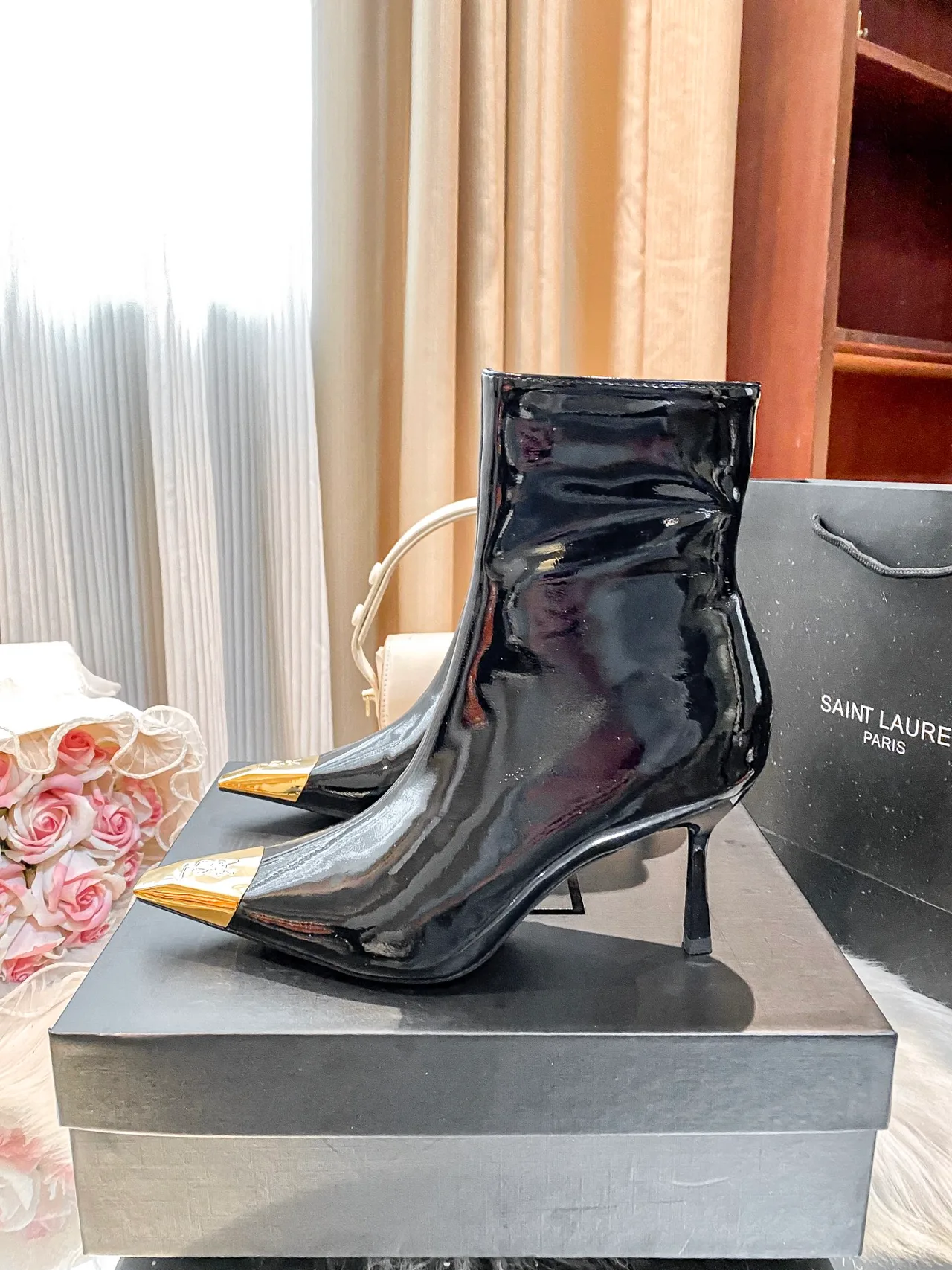 Saint Laurent Glossy Ankle Boots in Black · view 6