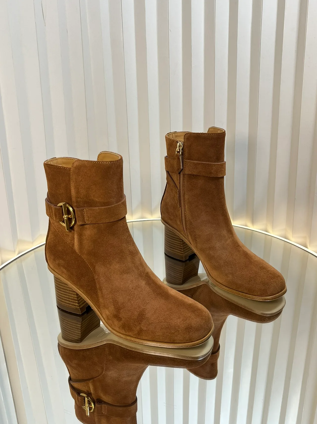 Hermes Calfskin Suede-Look Round-Toe Buckle Ankle Boots in Brown · view 4