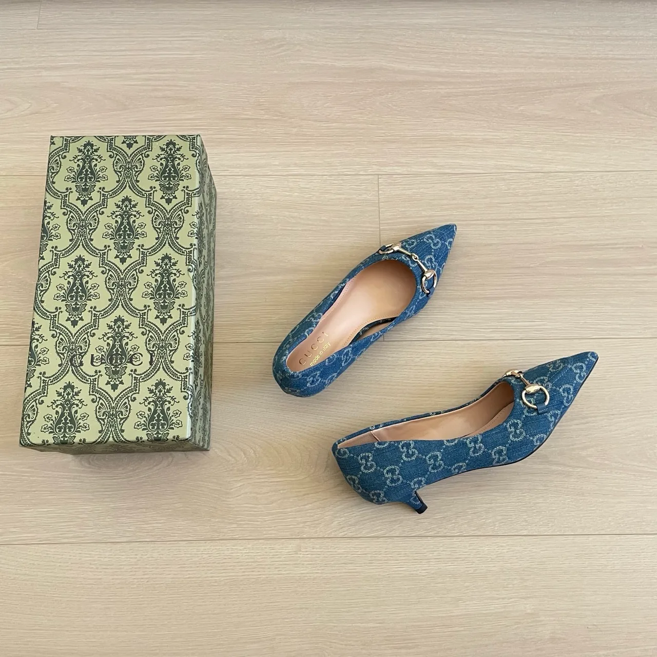 Gucci Canvas Pointed-Toe Monogram Kitten Heel Pumps in Blue · view 6
