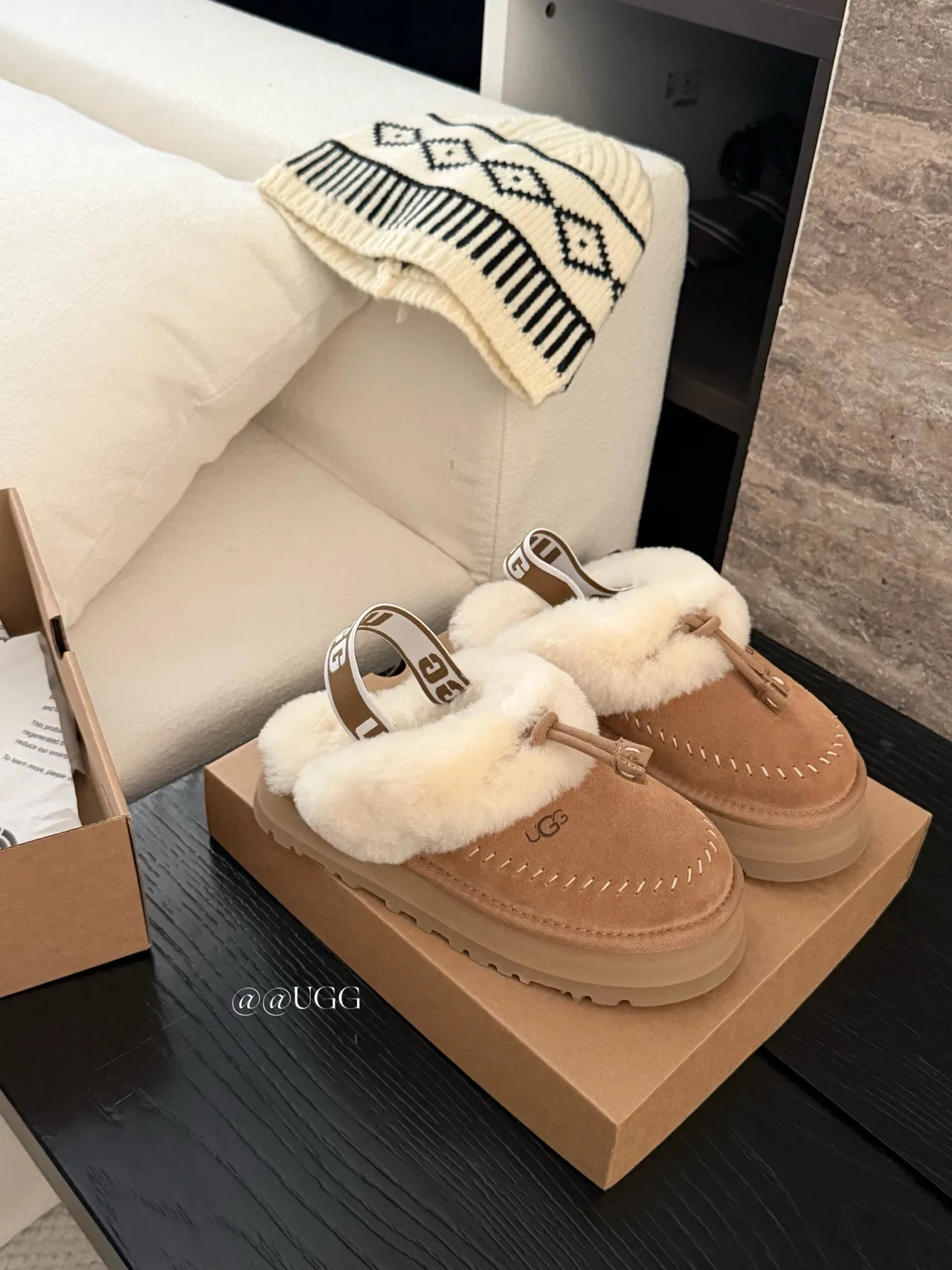 UGG Cowhide Wool Smooth Buckle Slippers in Tan · view 1
