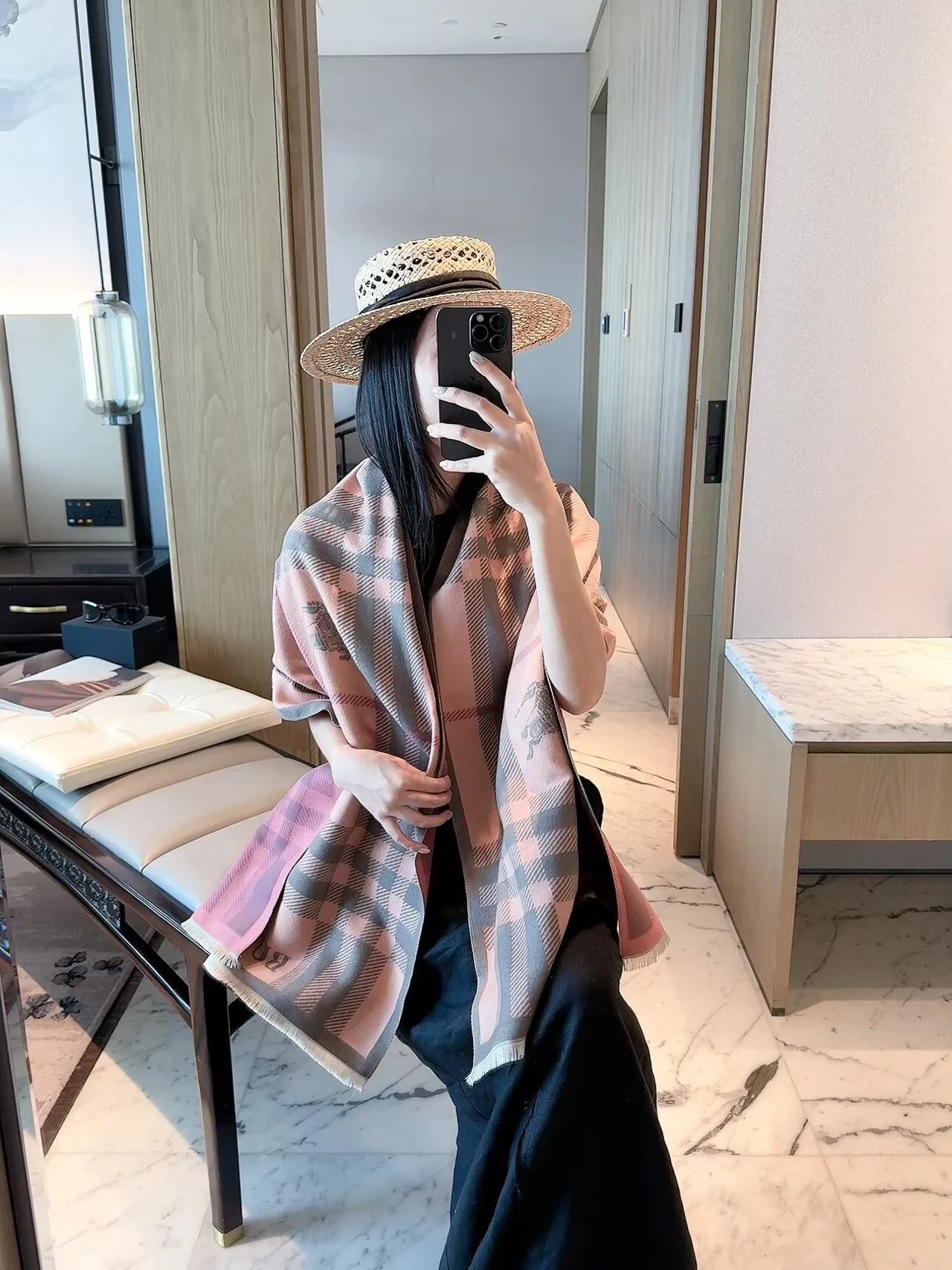 Burberry Check Fringed Scarf in Cream & Pink · view 6