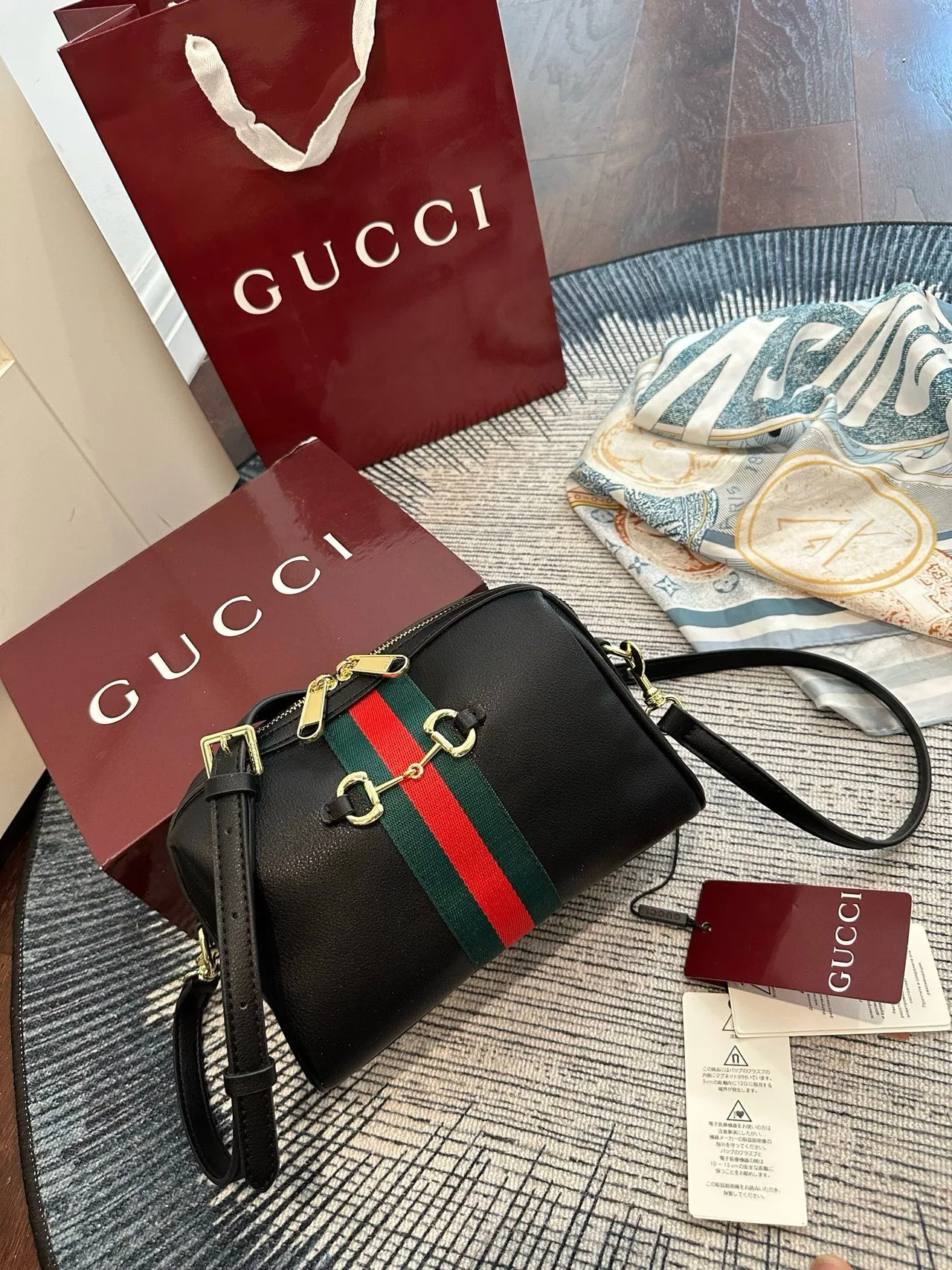 Gucci Boston Horsebit Web Camera Bag in Black & Beige · view 7