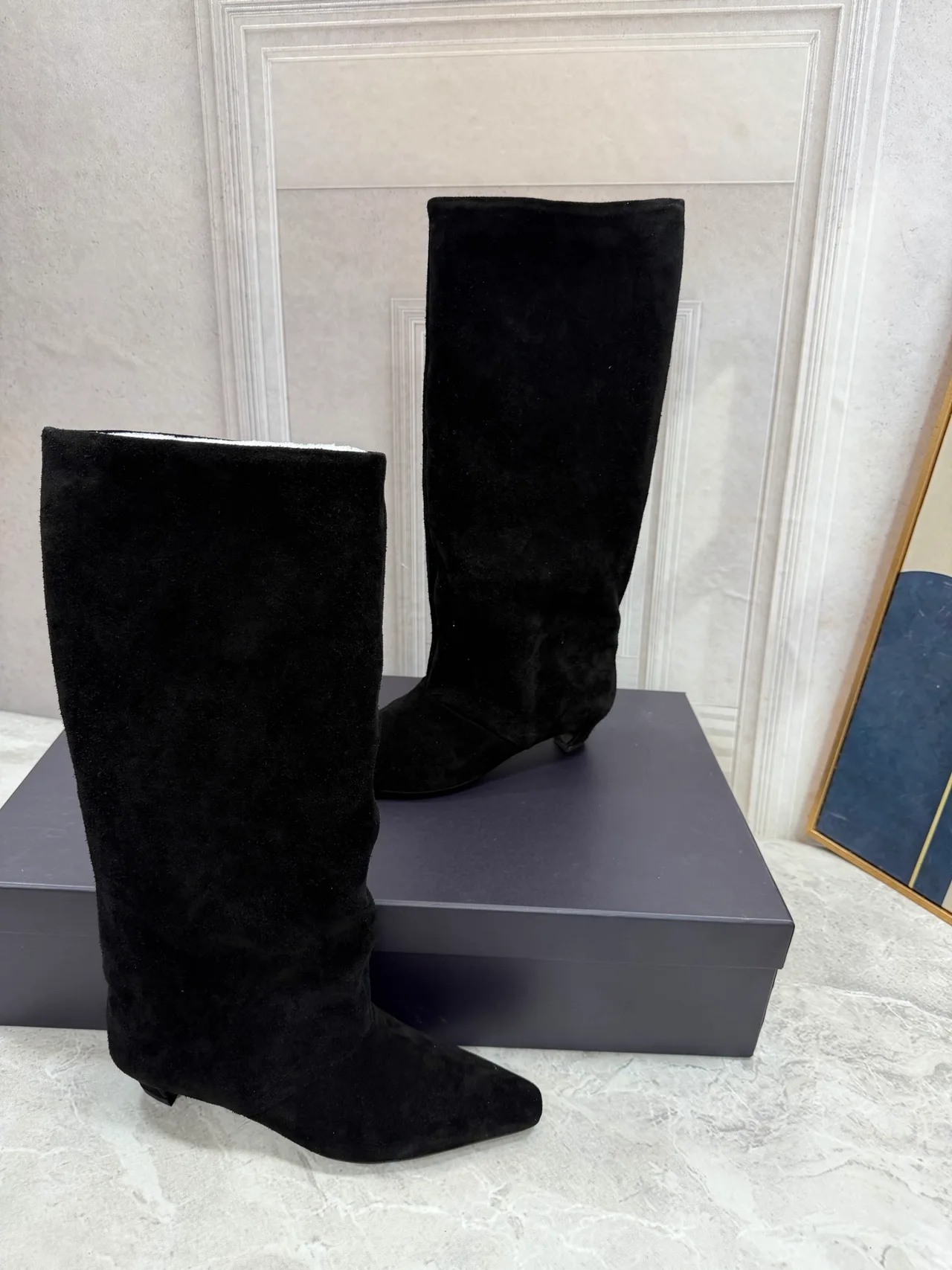 Suede-Look Pointed-Toe Knee-High Block-Heel Boots in Black · view 3