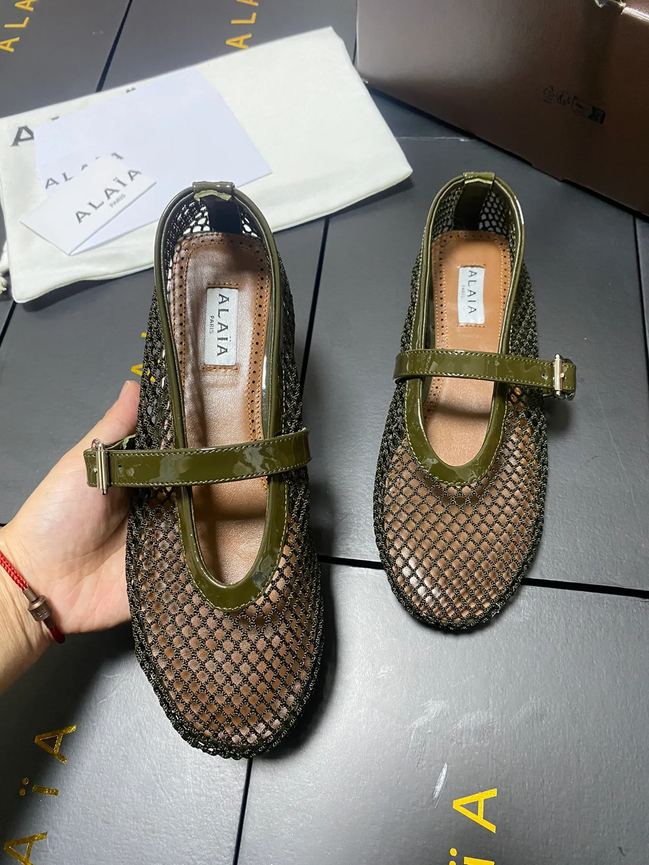 Alaia Cowhide Sheepskin Mesh Mary Jane Flats in Green · view 7