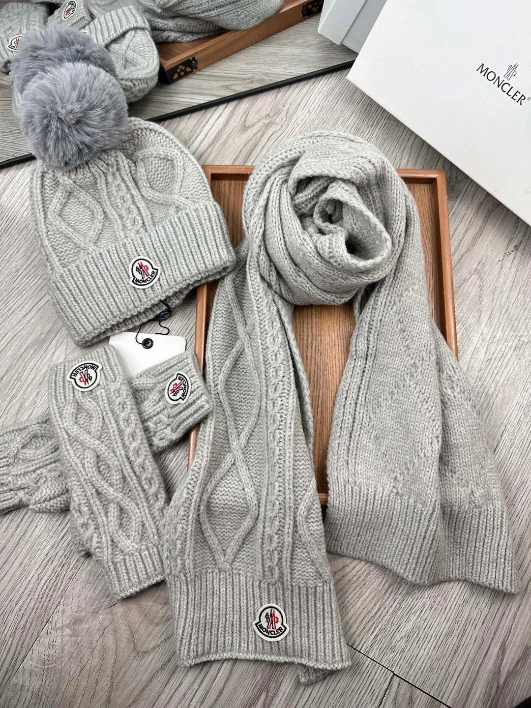 Moncler Wool Hat Scarf and Gloves Set in Grey · view 1