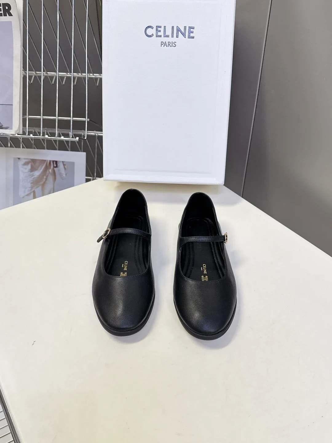 Celine Calfskin Square-Toe Mary Jane Flats in Black · view 1