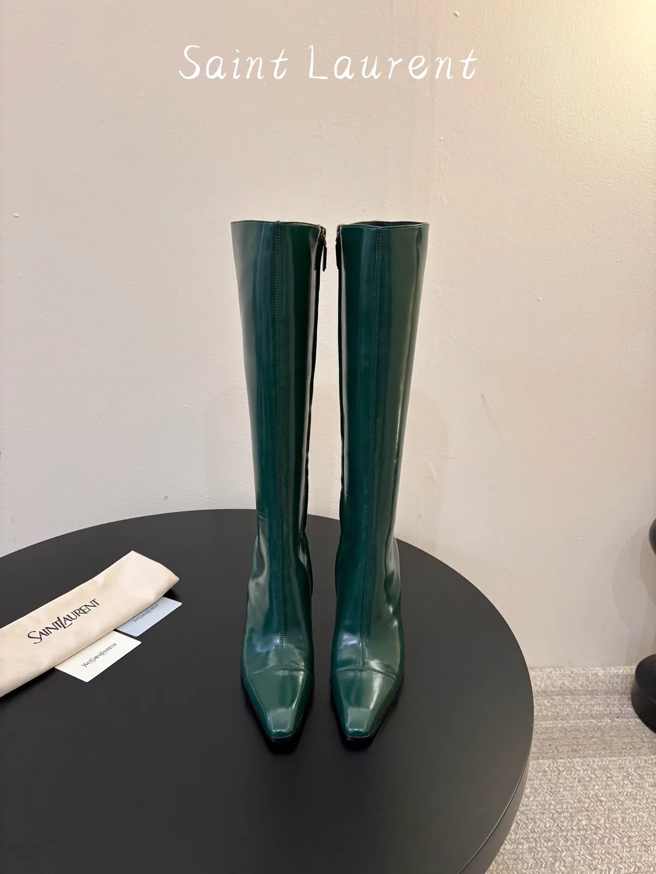 Saint Laurent Cowhide Sheepskin Glossy Pointed-Toe Knee-High Boots in Green · view 1