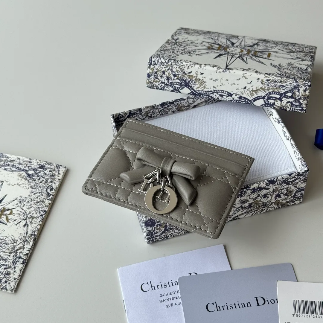 Dior Lambskin Quilted Bow Cardholder in Grey · view 4