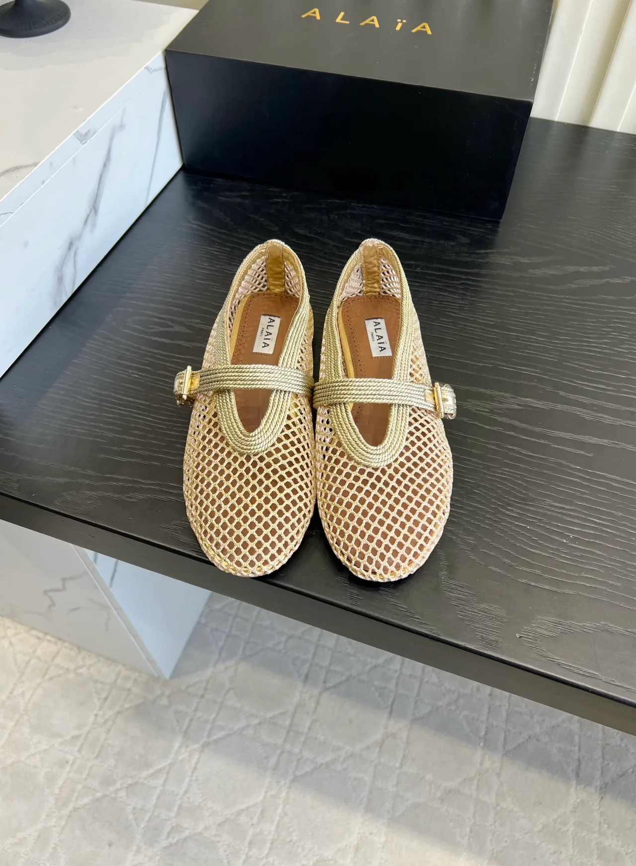 Alaia Sheepskin Mesh Mary Jane Flats in Gold · view 1