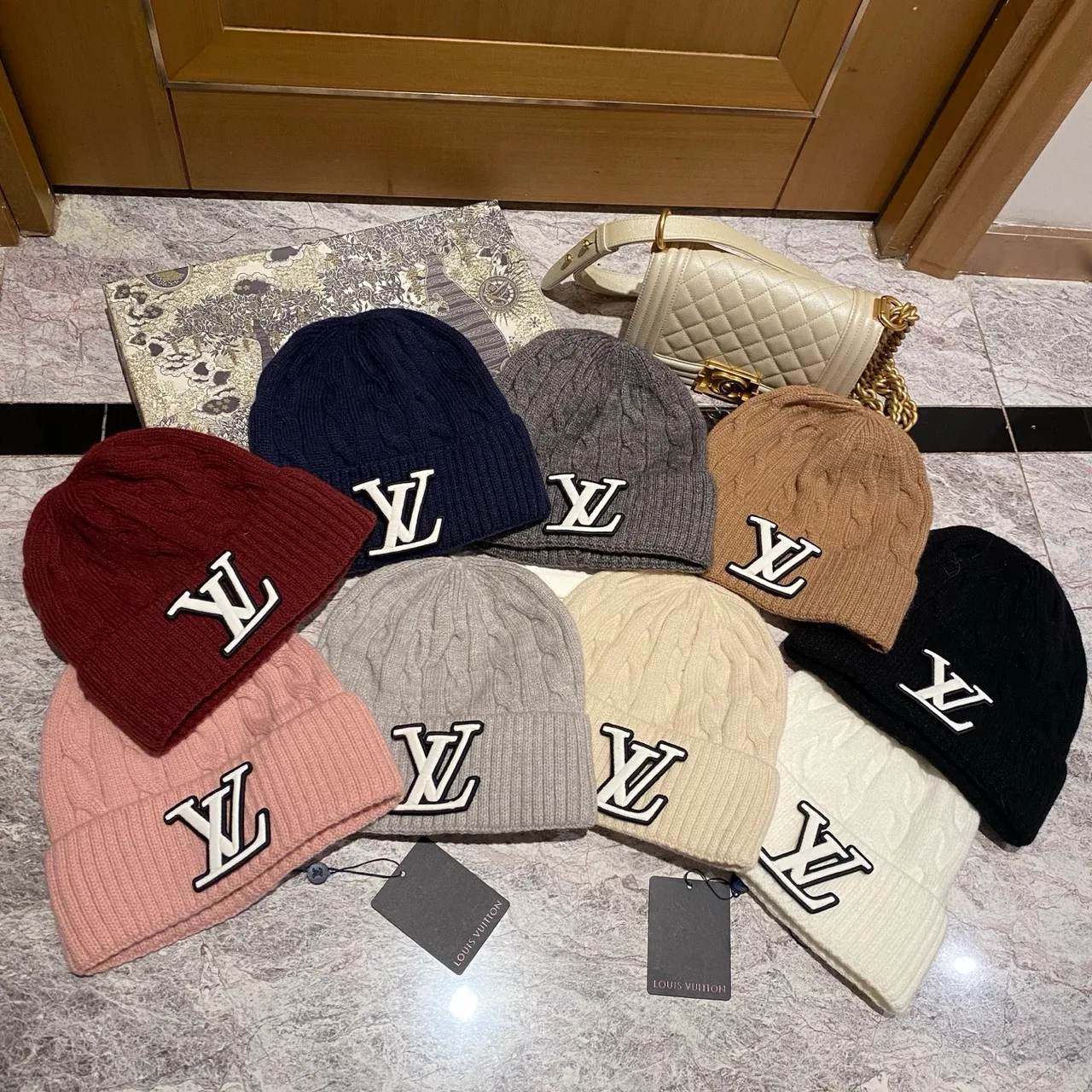 Louis Vuitton Cable Beanie in Pink & Burgundy & Grey & Blue & Beige & White & Brown & Black · view 8
