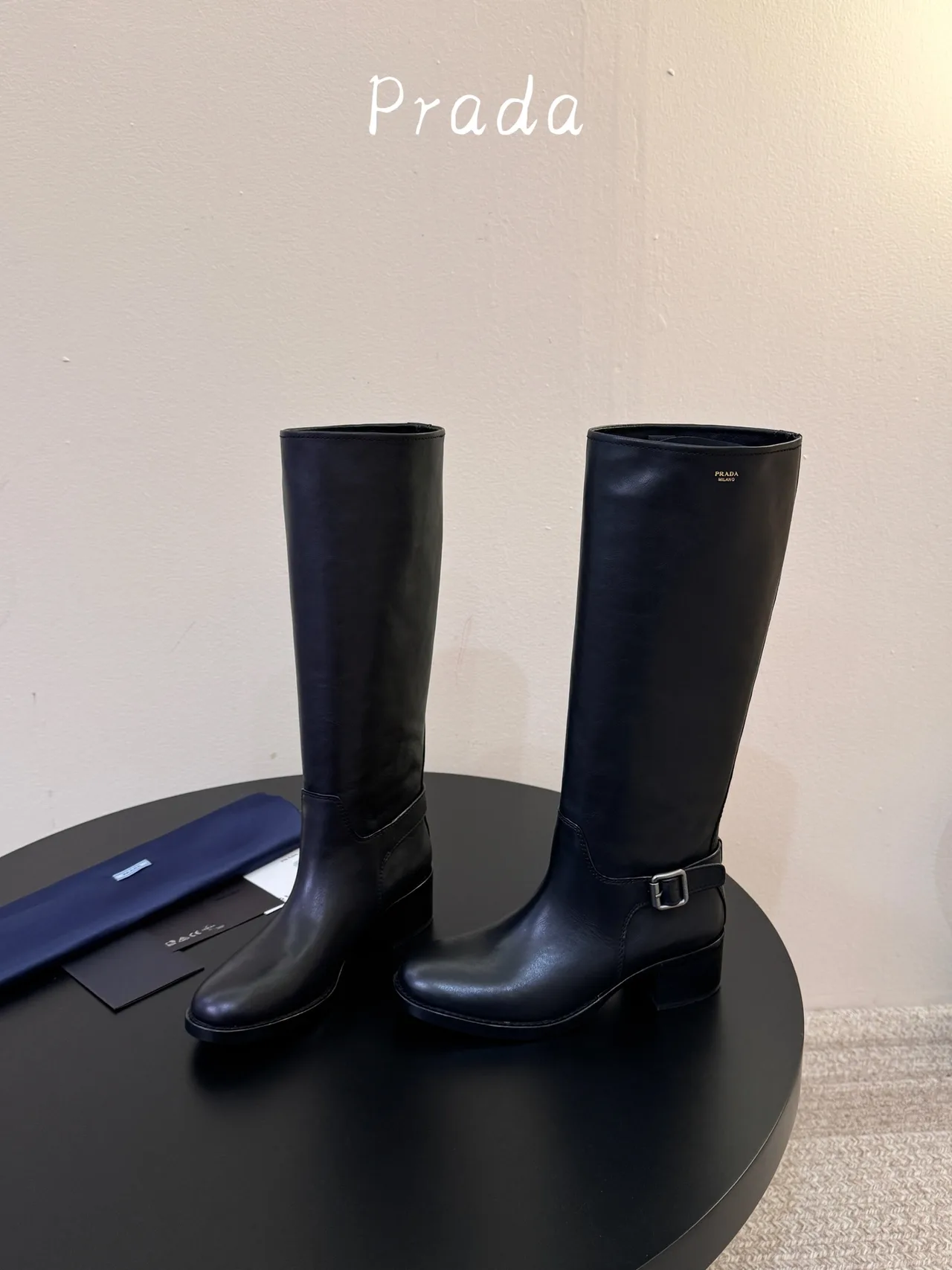 Prada Cowhide Glossy Pointed-Toe Knee-High Boots in Black · view 3
