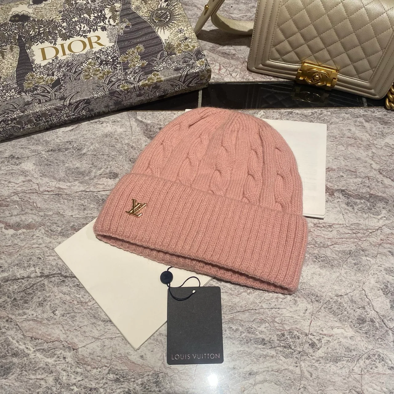 Louis Vuitton Cable-Knit LV Beanie in Grey & Cream & Pink & White & Tan & Burgundy & Blue & Black · view 3
