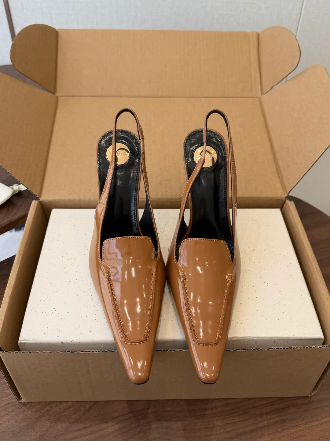 Saint Laurent Cowhide Slingback Heels in Brown · view 1