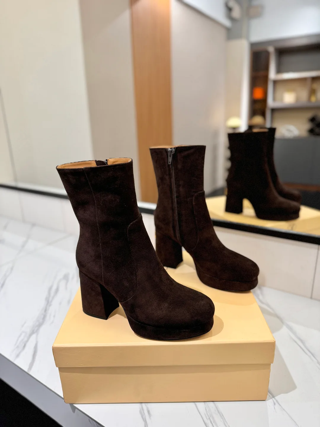 Valentino Cowhide Suede-Look Round-Toe Ankle Boots in Brown · view 1