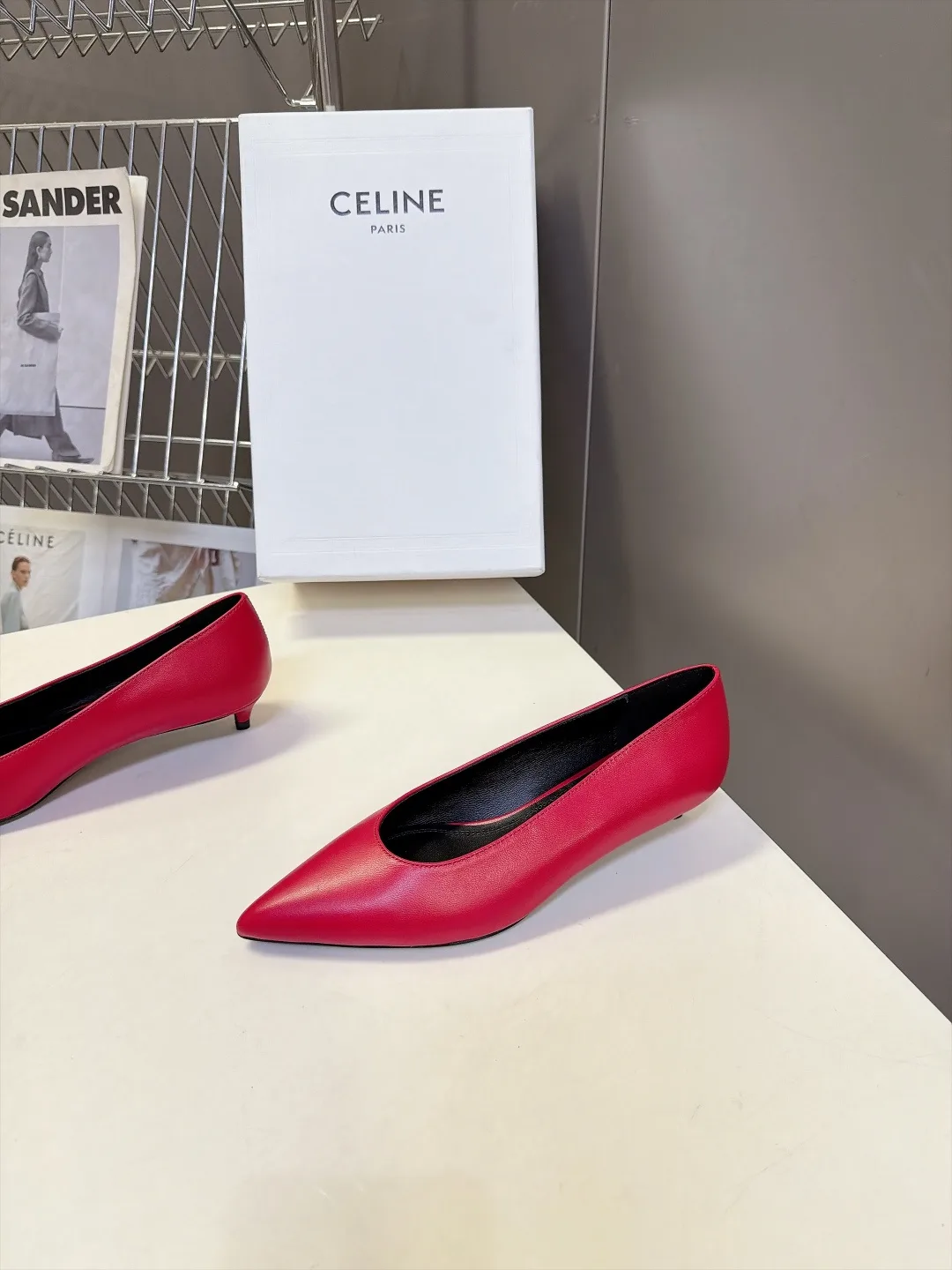 Celine Lambskin Glossy Pointed-Toe Kitten Heel Pumps in Red · view 3