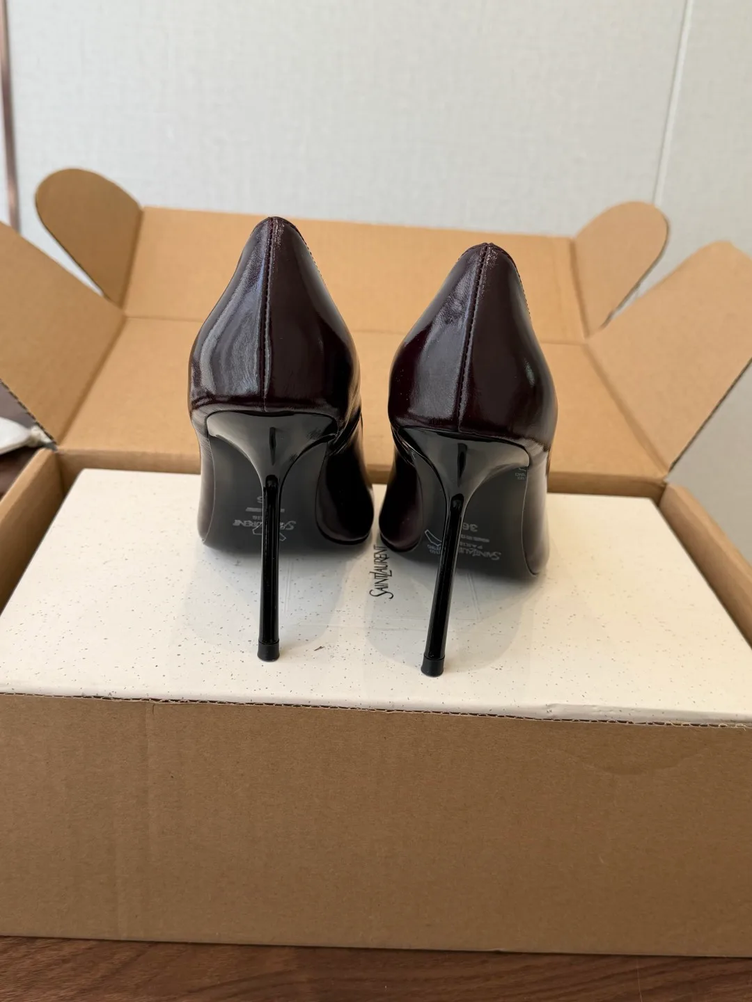 Saint Laurent Cowhide Glossy Pointed-Toe Pumps in Burgundy · view 8