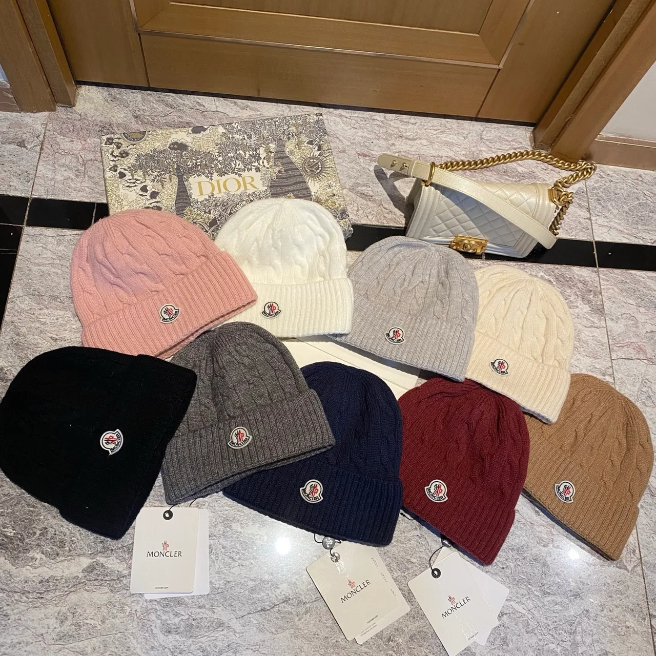 Moncler Cable-Knit Beanie in Burgundy & Cream & Tan & Blue & Grey & White & Black & Pink · view 8